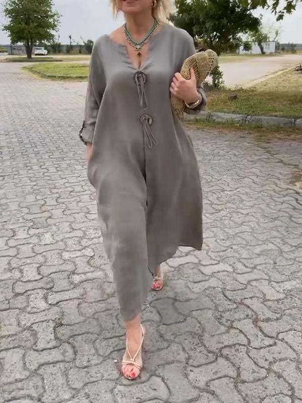 💖🔥👗【S-5XL】Nova ležerna haljina za ljeto 2024., materijal od pamuka i lana, V-izrez, udobna-3688273